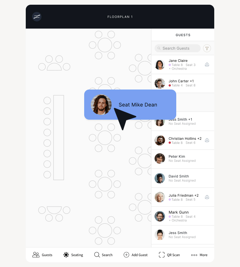 seating chart with guest info.