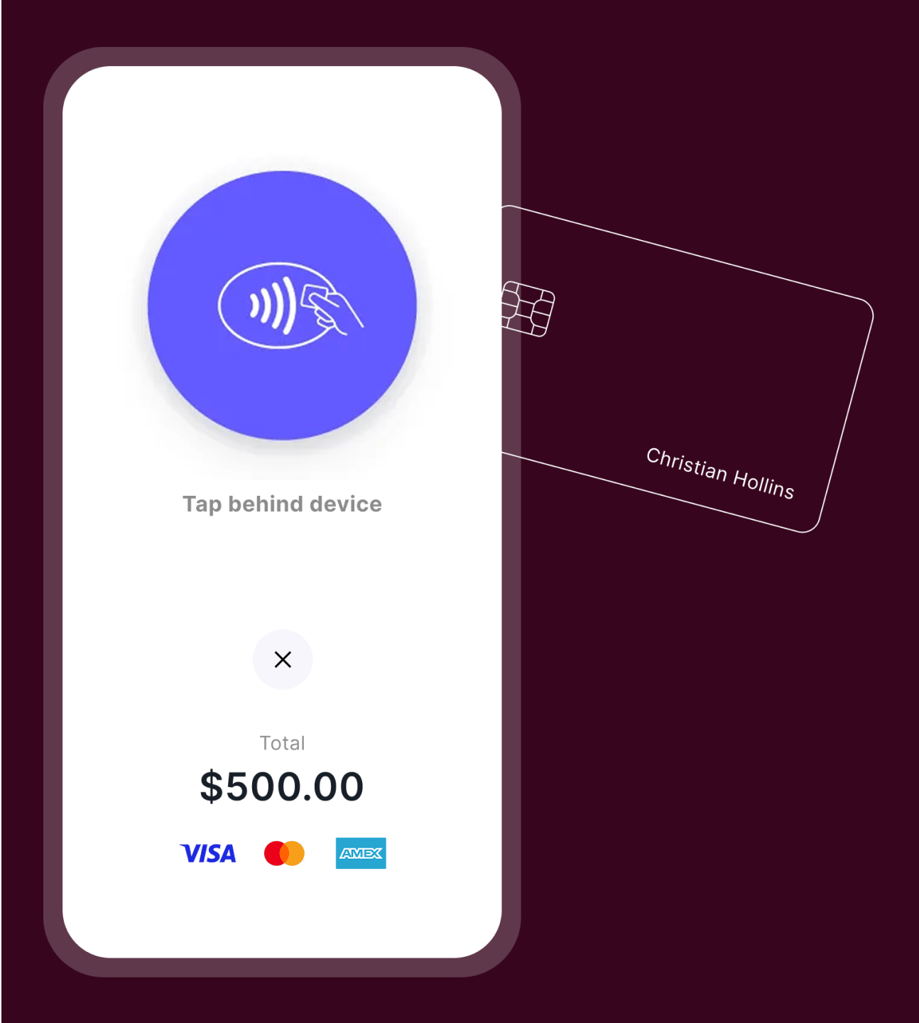 Tap-to-pay screen for collecting a $500 card payment on a phone at an event