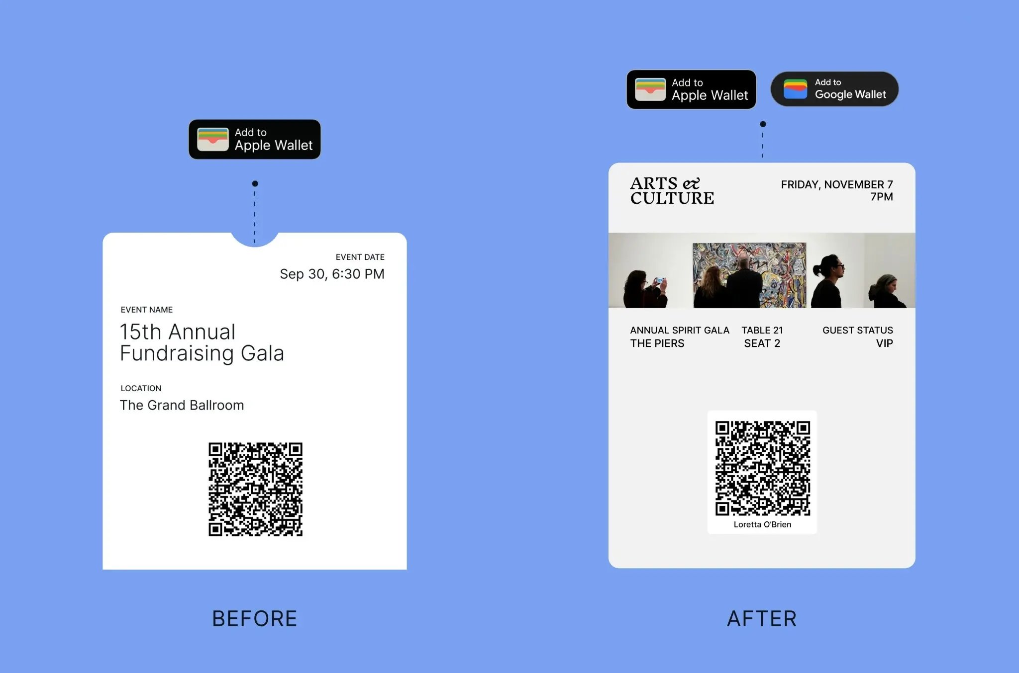 Comparison of a basic QR code ticket and a customized digital wallet event pass