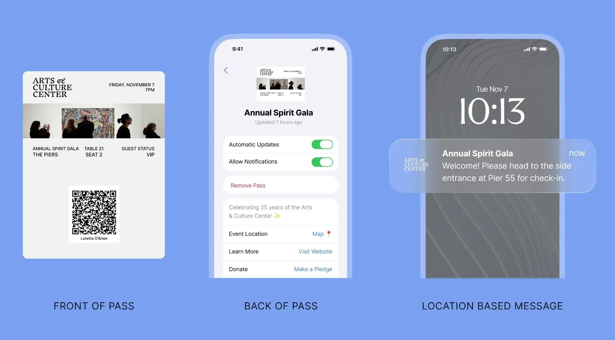 Front and back views of a digital wallet event pass showing QR code, event details and links, plus a location-based message displayed on a smartphone lock screen