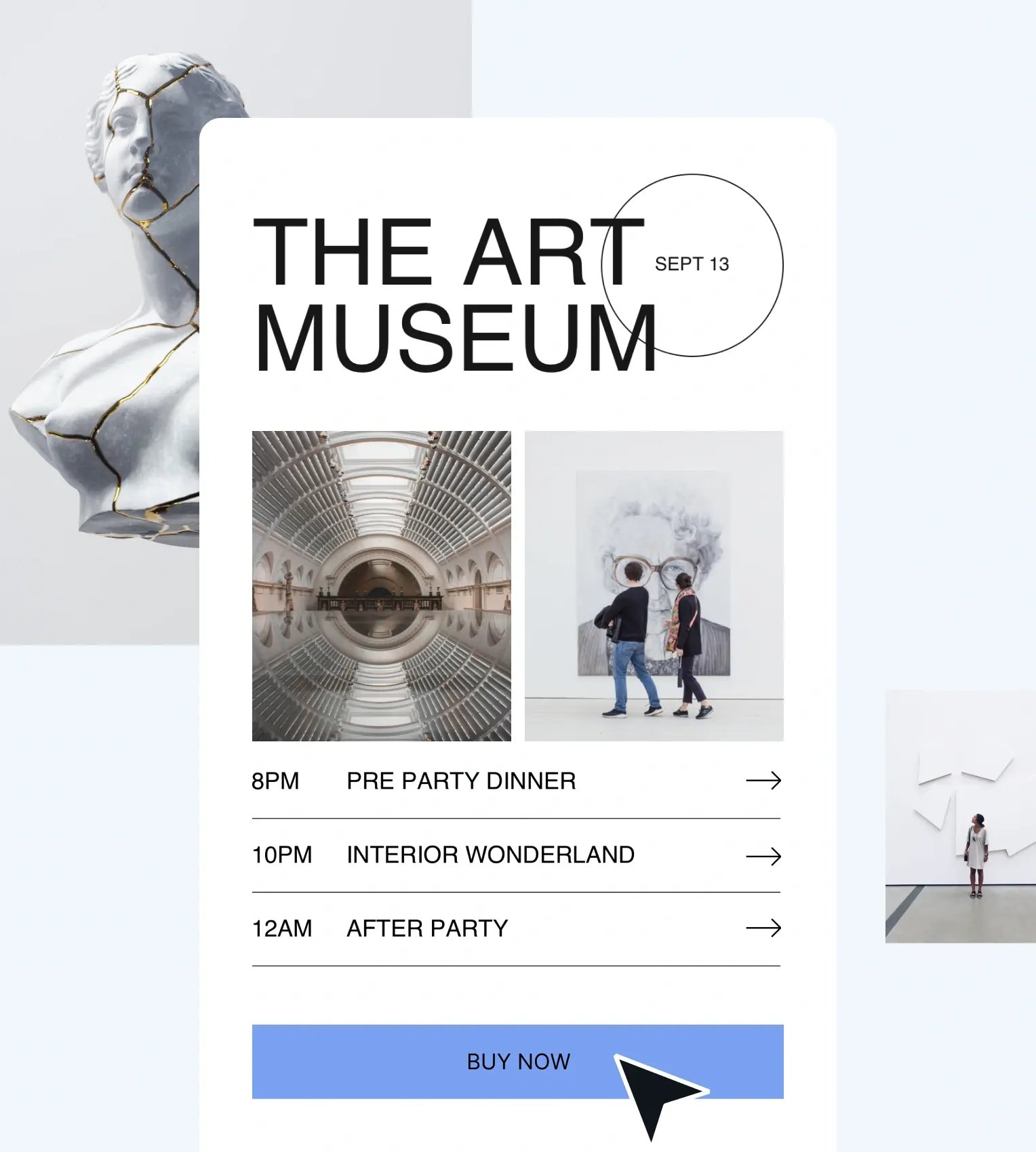 The Art Museum gala event form landing page with 'Buy Now' button