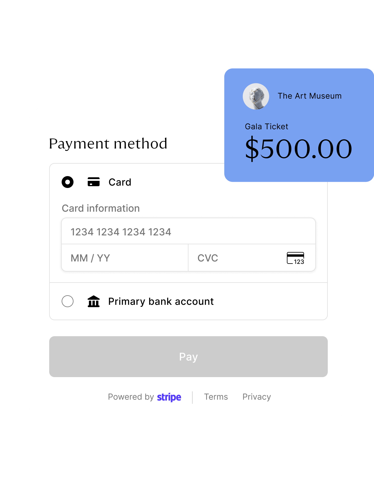 zkipster Payments checkout screen powered by Stripe, with card and bank account options, overlaid with an Art Museum gala ticket for $500