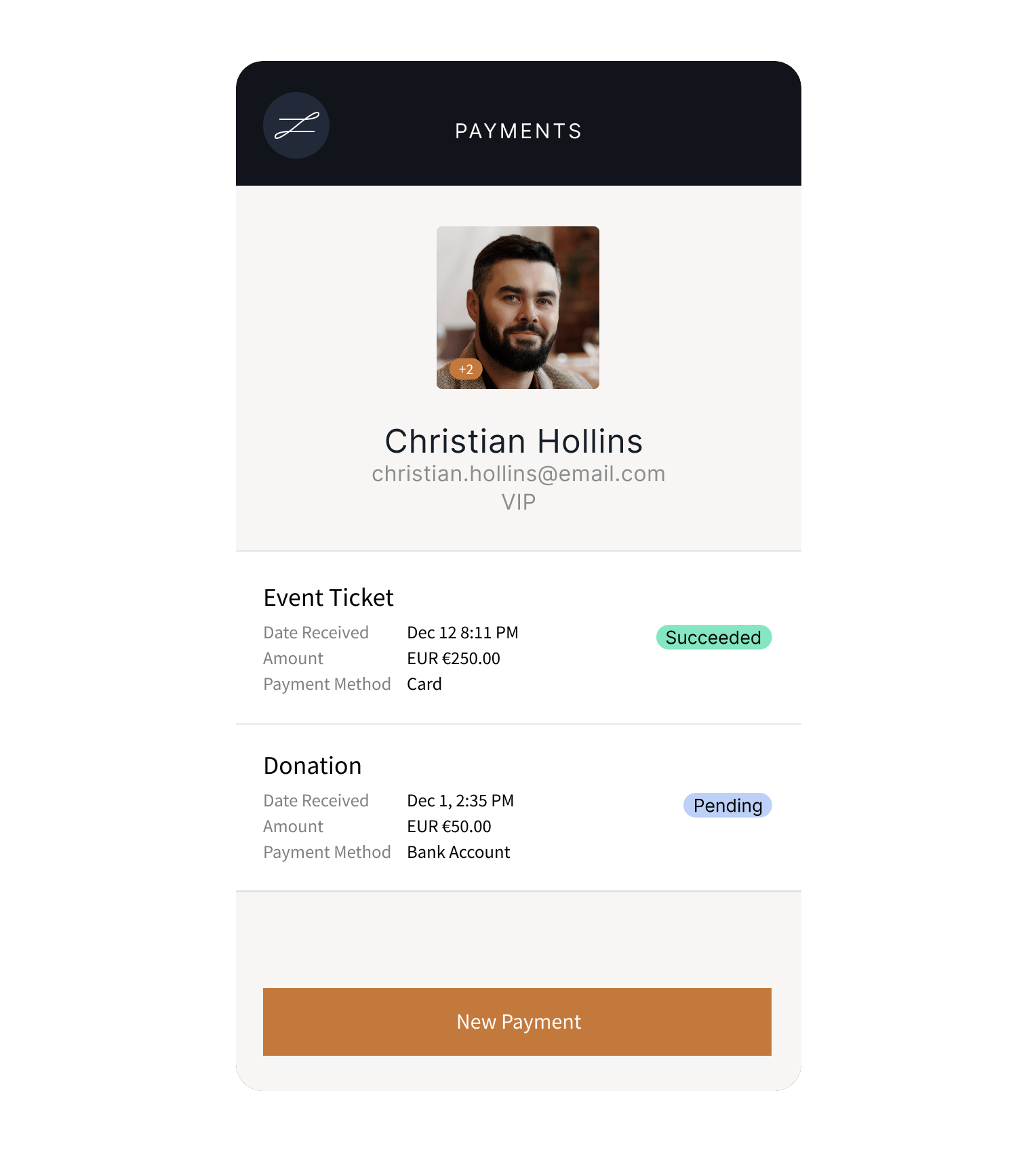 Payment history for VIP guest Christian Hollins in zkipster Payments, showing a succeeded €250.00 ticket payment and a pending €50.00 donation