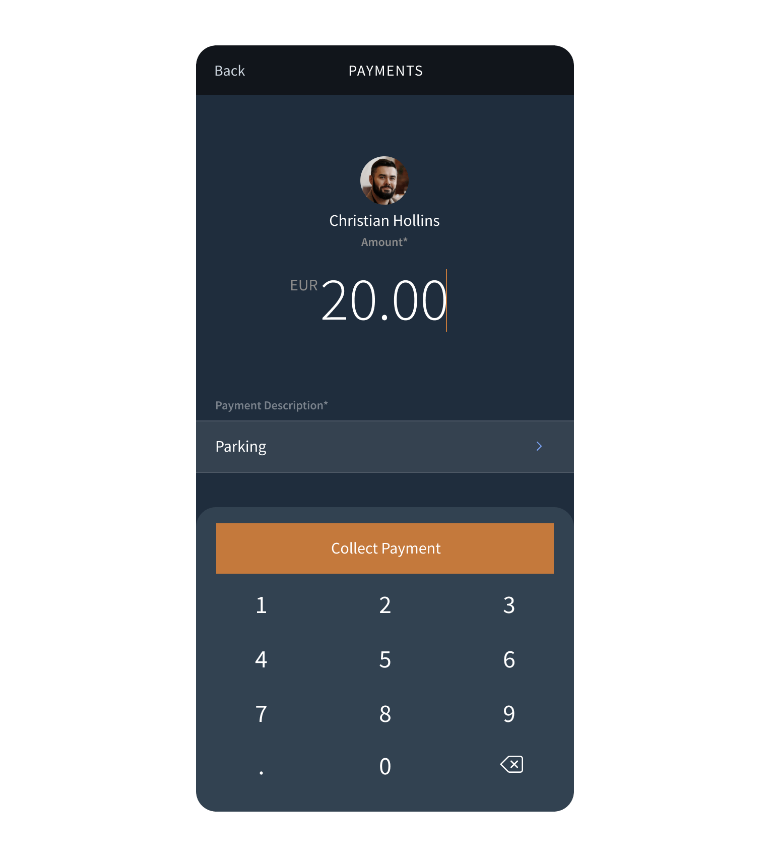 zkipster Payments mobile payments screen collecting a €20.00 parking payment from guest Christian Hollins, with a numeric keypad and Collect Payment button