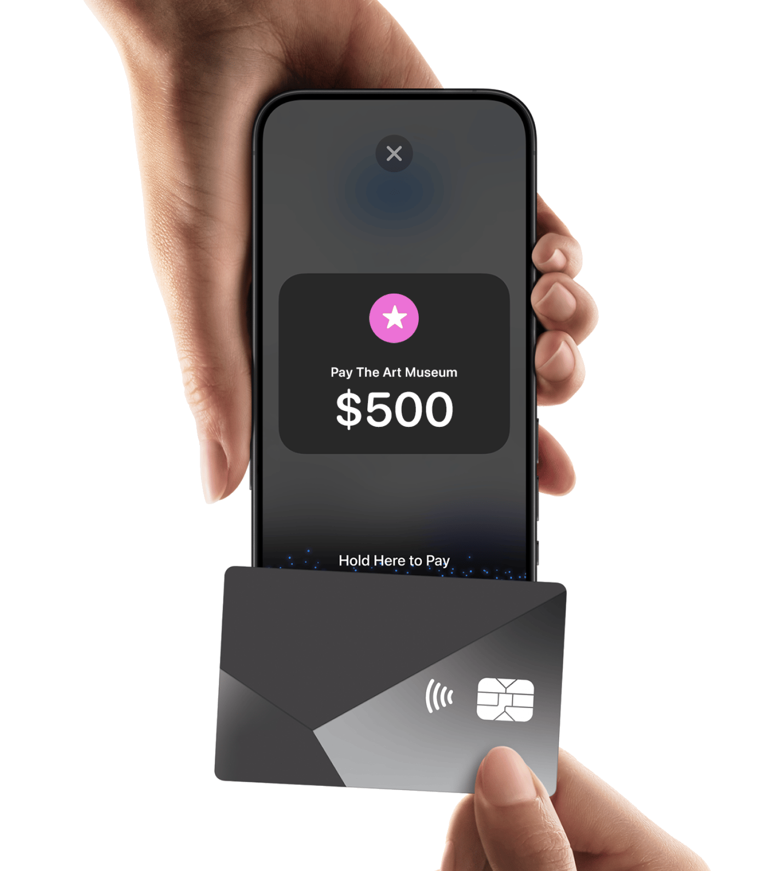 A hand holding a contactless card up to an iPhone displaying a Tap to Pay prompt to pay The Art Museum $500 in zkipster Payments