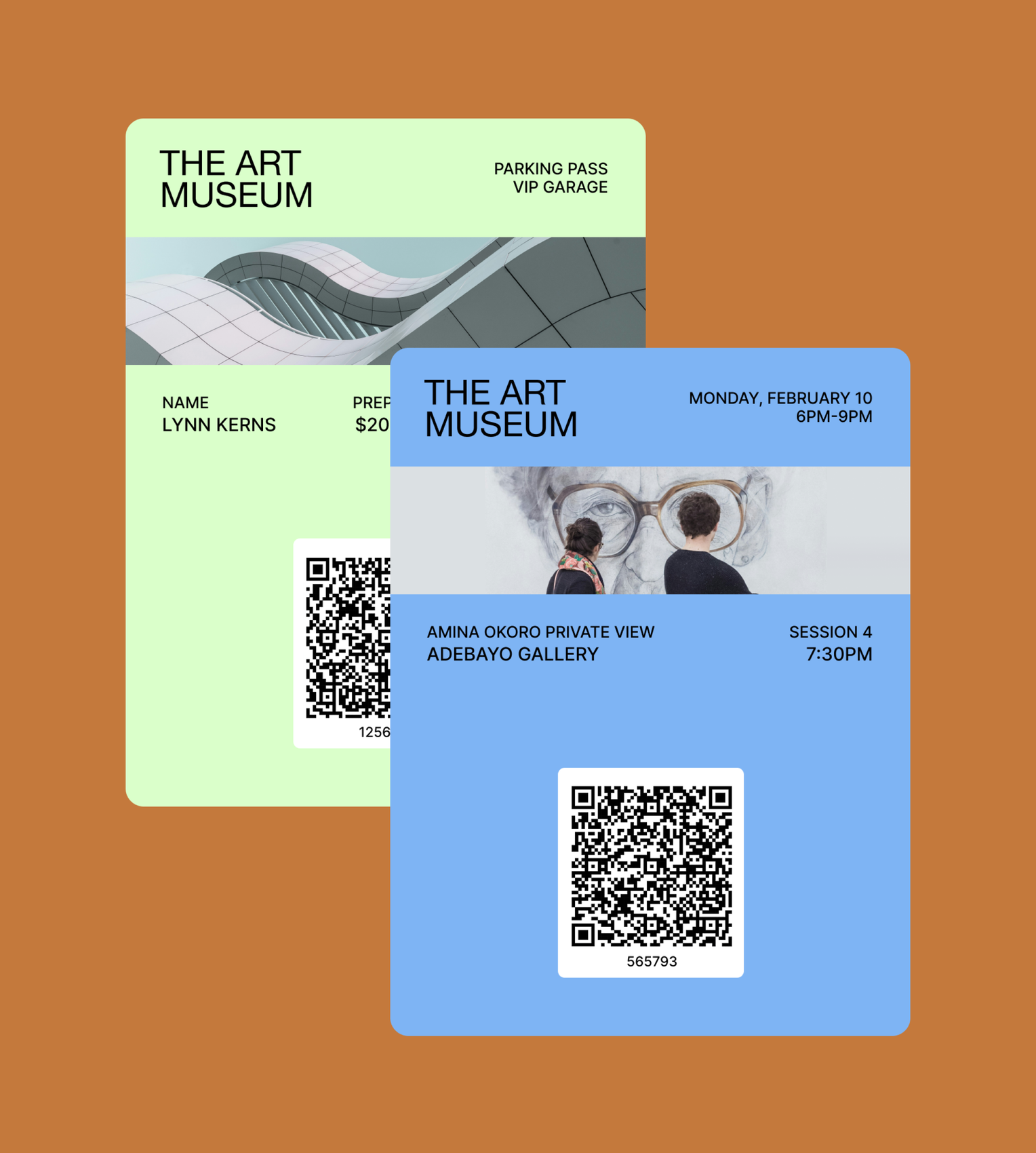 Two Art Museum wallet pass examples with QR codes for event entry and parking