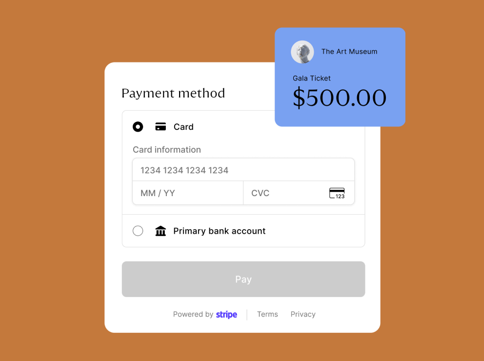 zkipster Payments checkout with card and bank payment options, purchasing a Gala Ticket from the Art Museum for $500