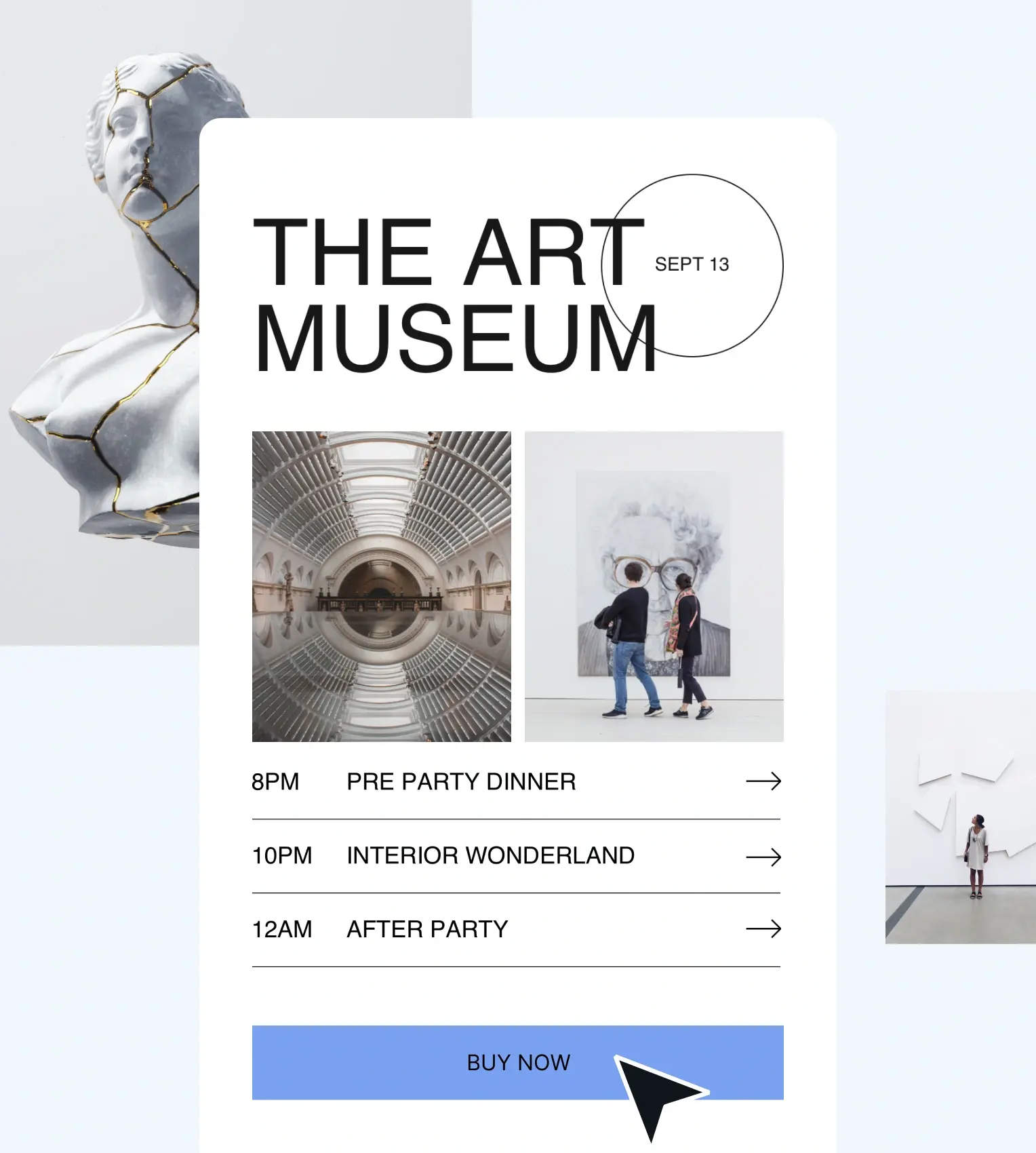 The Art Museum gala event form landing page with 'Buy Now' button