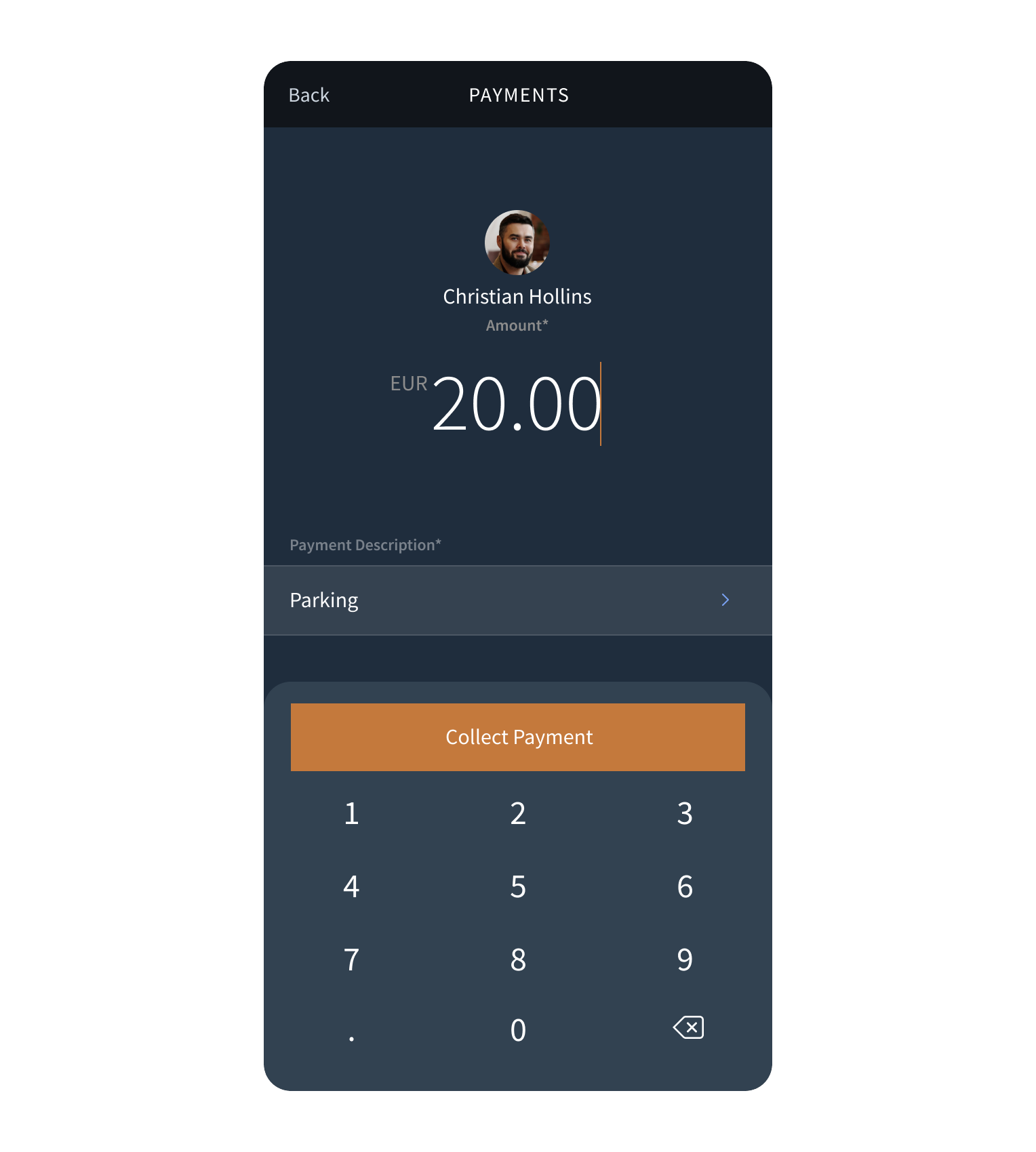 zkipster Payments mobile payments screen collecting a €20.00 parking payment from guest Christian Hollins, with a numeric keypad and Collect Payment button